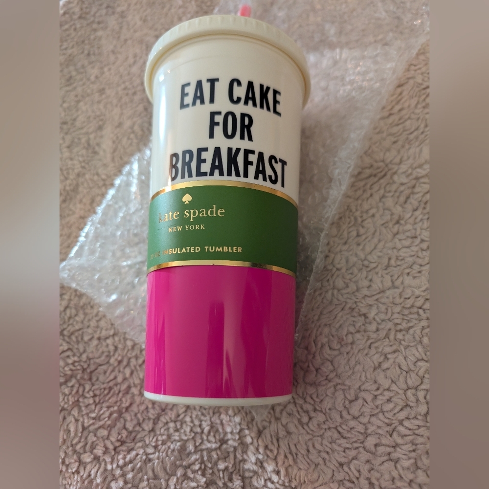Kate Spade Pink and White Tumbler with Bold Text